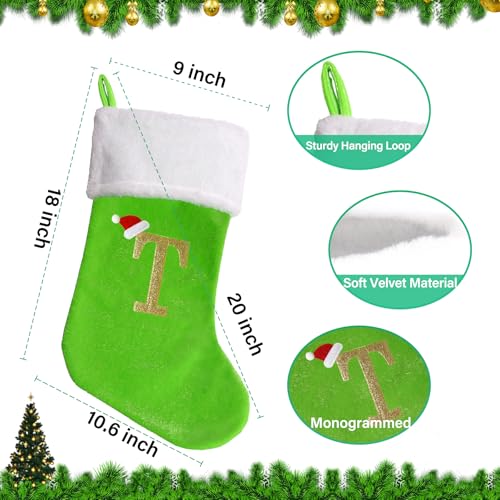 20-Inch Monogram Green Velvet Christmas Stocking with White Plush Cuff
