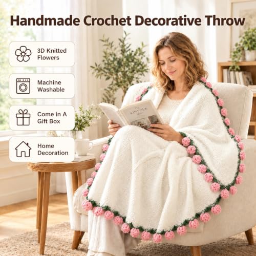 Pink Crochet Rose Bouquet Throw Blanket - Handmade Knit 43in by VORPVAOE
