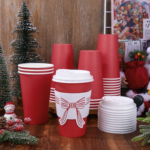 50 Pack Christmas Red Coffee Cups with Lids & Bow Sleeves 16oz Disposable Holiday Drinkware