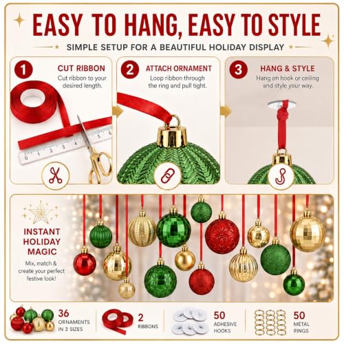 Relaxgiant 36 Pcs Christmas Hanging Ornaments Set - Red, Green, Gold