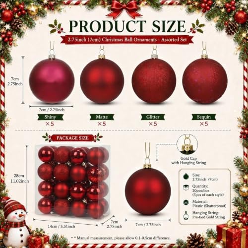 Soulchen 20 Pcs Red 2.75" Christmas Ball Ornaments – Burgundy Shatterproof, Glossy/Matte/Glitter/Sequin Finishes