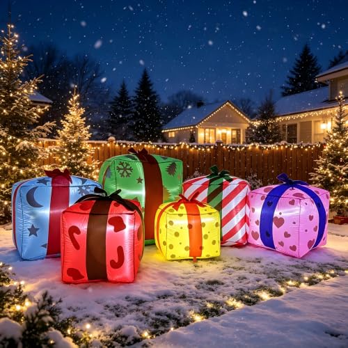 8FT Colorful Inflatable Christmas Gift Boxes Set with LED Lights, Holiday Yard Decor