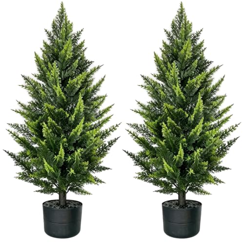 THKFUL 3ft Artificial Cedar Trees, 2 Pack in Pots, UV-Resistant Faux Cypress Topiary for Front Porch