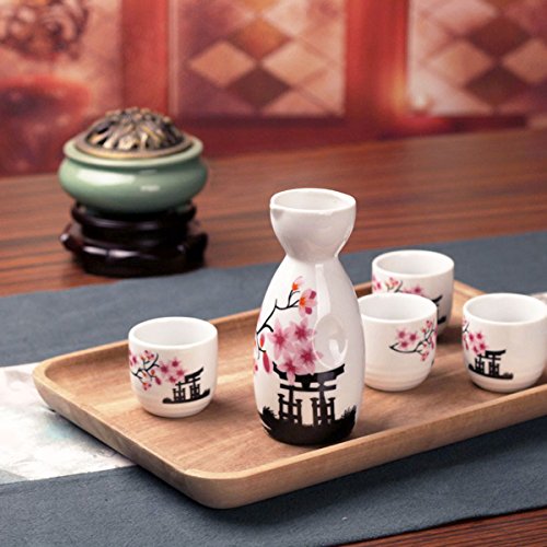 Tosnail Pink Sakura Ceramic Sake Set - 1 Carafe & 4 Cups, Gift Idea