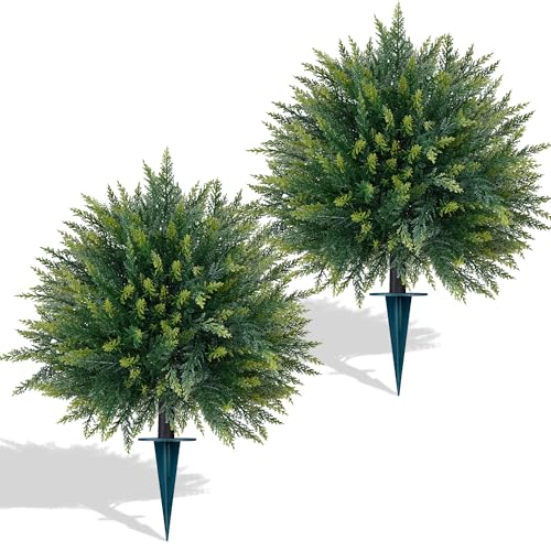 2PCS 23-Inch Artificial Cedar Topiary Ball Shrubs with Ground Stakes