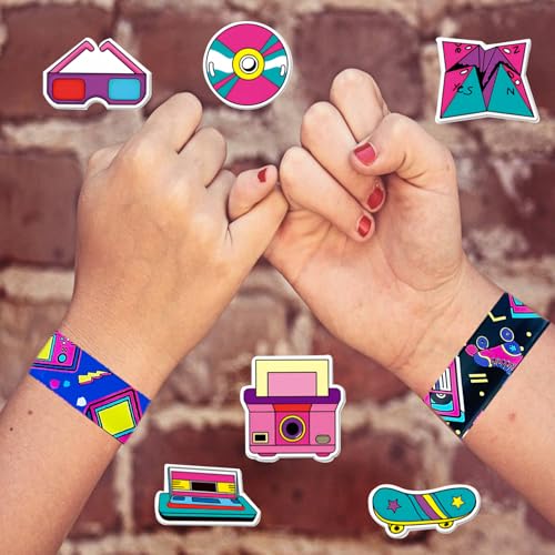 74-Piece 80s Party Favors Set: 24 Retro Slap Bracelets & 50 Stickers
