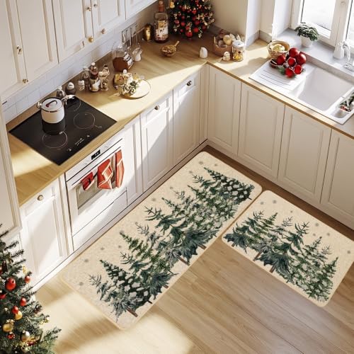 Baccessor Christmas Snowy Trees Kitchen Rugs Set of 2 17x29 & 17x47 Snow Forest