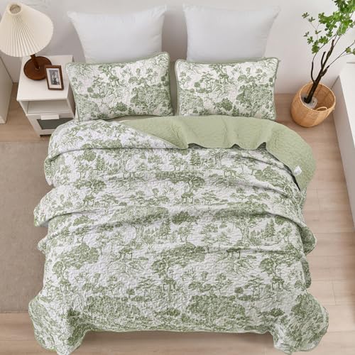 Sage Green Botanical Quilt Set - Queen 3-Piece Reversible Floral Coverlet