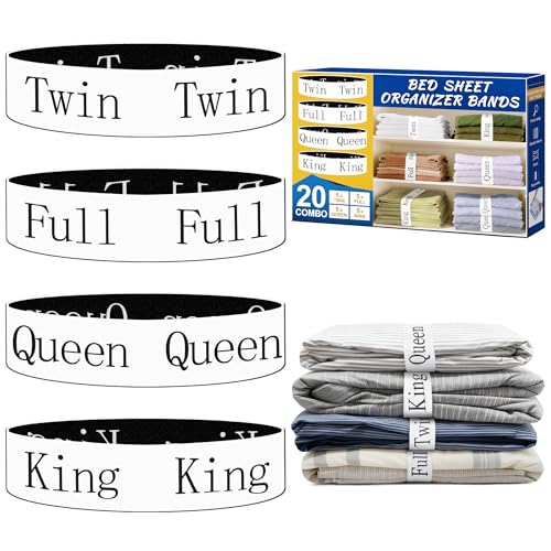 20-Pack Elastic Bed Sheet Organizer Bands with Printed Size Labels