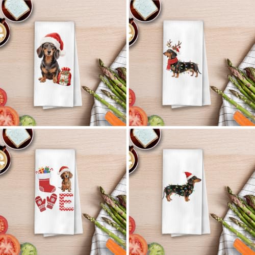 BlissfulAbon Dachshund Christmas Kitchen Towels Set - Weiner Dog Gift, 16x24 Inches, 4-Piece