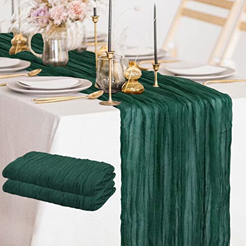 FANPROMS Emerald Green Gauze Table Runner 2 Pack 35" x 10FT Rustic Wedding Decor