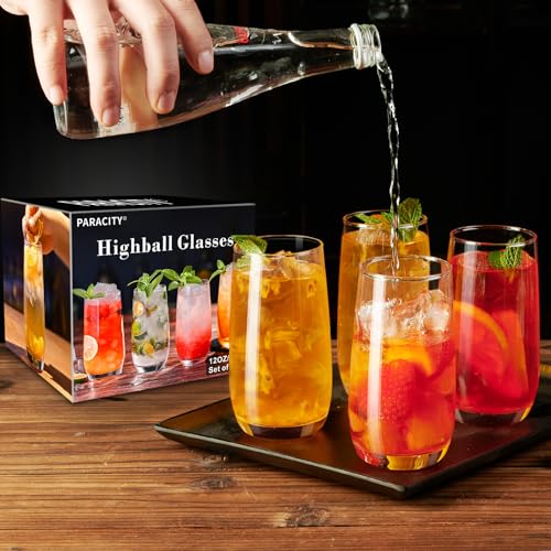 PARACITY 4 Pack Highball Glasses 12oz Set - Clear Tall Water & Cocktail Tumblers