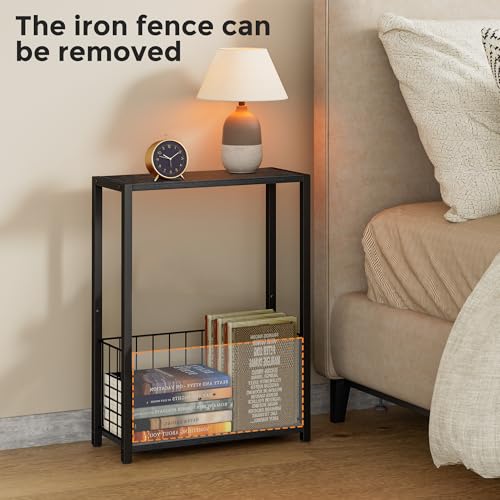 Homleke Narrow Black Side Table with Magazine Holder - Rustic End Table