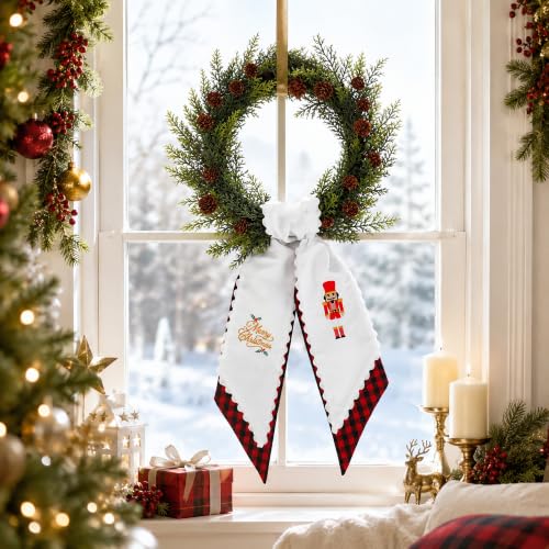 Red Black Plaid Christmas Wreath Sash Set - Rustic Holiday Door Decor