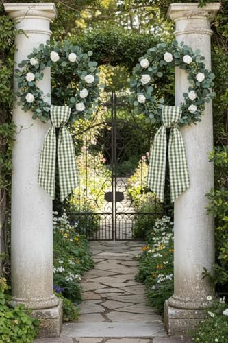 Green & White Plaid Wreath Sash for Front Door - Spring Farmhouse Decor