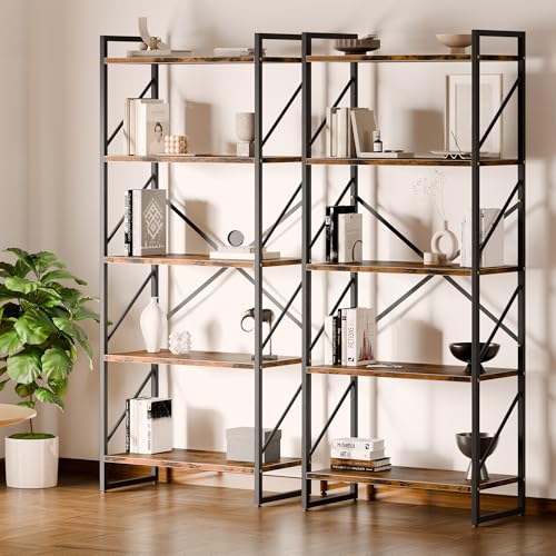 5-Tier Industrial Bookshelf, Tall Metal and Wood Storage Bookcase