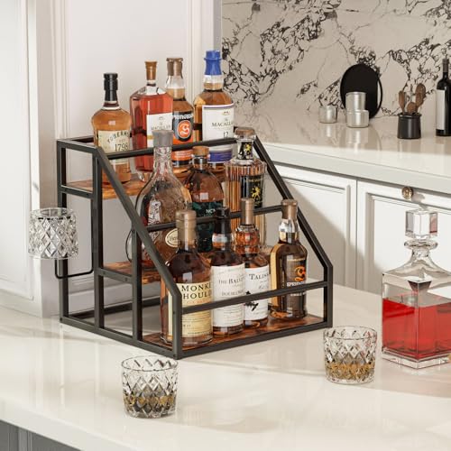 3-Tier Coffee Syrup Organizer Rack with Cup Holder, Rustic Countertop Shelf
