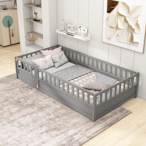 Montessori Twin Floor Bed Frame with Safety Guardrails and Door, Solid Pine