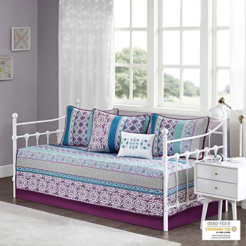 6-Piece Reversible Boho Daybed Cover Set with Shams & Bedskirt - Purple
