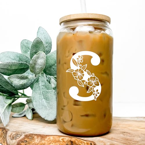 Personalized Monogrammed Iced Coffee Glass with Bamboo Lid and Straws