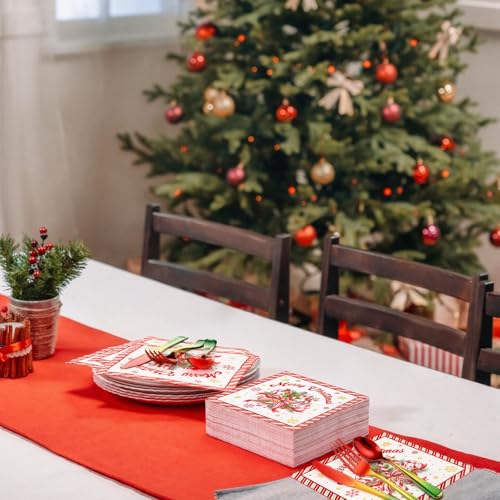 Hushee Disposable Christmas Silverware Set - 200 Pcs Red & Green Plastic Utensils with Napkins