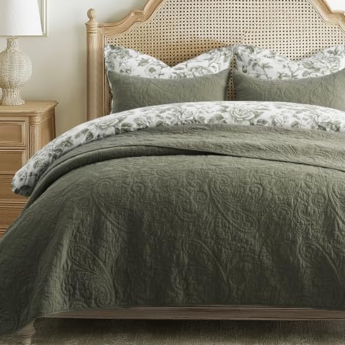 EverGrace 100% Cotton Paisley Quilt Set - King, Olive Green, 3 Pieces