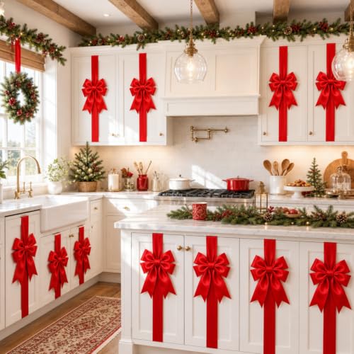 WILLBOND Red Satin Christmas Cabinet Bows - Set of 12 Holiday Kitchen Decor