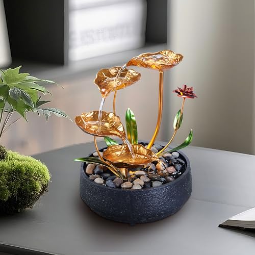 Metal Lotus Tabletop Water Fountain with Warm LED Light - Indoor Zen Decor