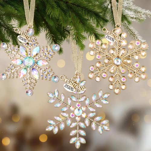 Bucherry 3 pcs Gold Iridescent Christmas Snowflake Ornaments Metal Tree Decor