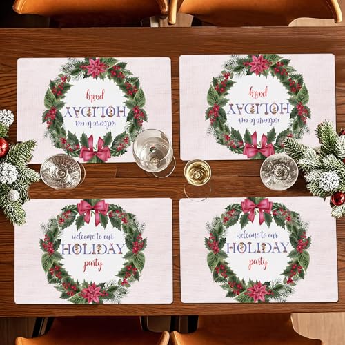 Red Poinsettia Holly Wreath Christmas Disposable Paper Placemats Set - 50 Sheets 11x17 inch
