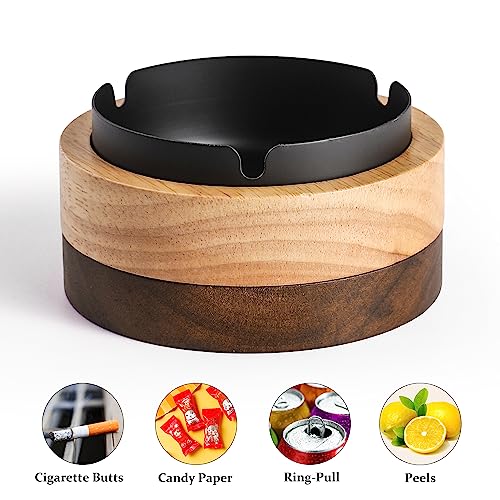 Wooden Ashtray with Lid and Stainless Steel Liner, Windproof Desktop Tray