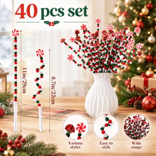 Flocked Christmas Candy Cane Tree Picks - 40 Pcs Red Green White Holiday Ornaments