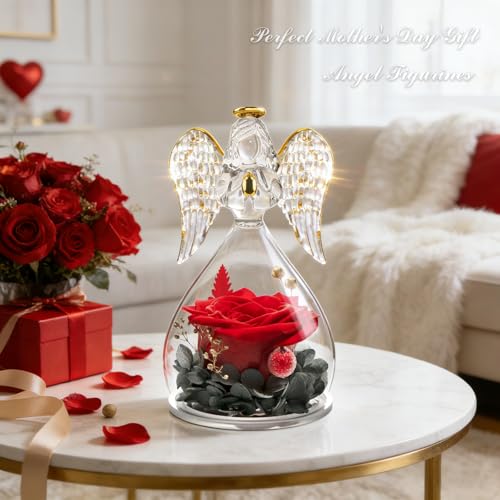 Preserved Real Rose in Glass Angel Figurine, Eternal Flower Gift