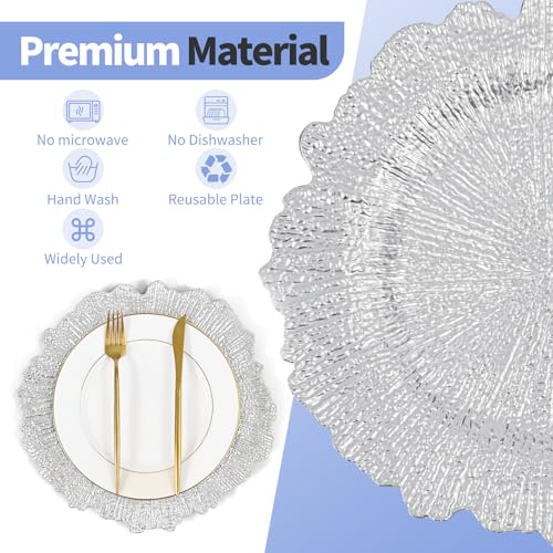 Teruntrue 50 Pcs Silver Charger Plates 13 Inch Reef Design Tableware for Weddings & Events