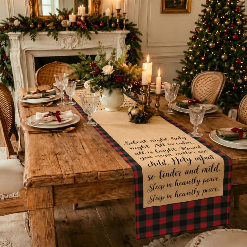 CrystalSylara Red and Black Plaid Christmas Table Runner, Silent Night Design, 118 Inch