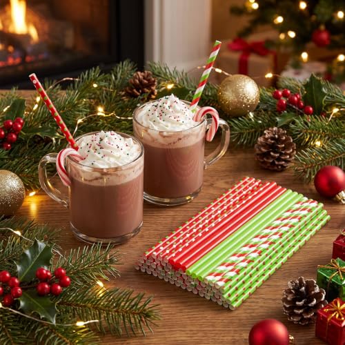 Uiifan 100 Pcs Christmas Plastic Drinking Straws - 9 Inch - Multi-Style