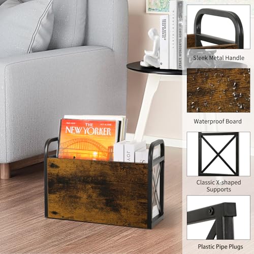 Rustic Metal and Wood Magazine Holder Floor Rack for Books and Newspapers