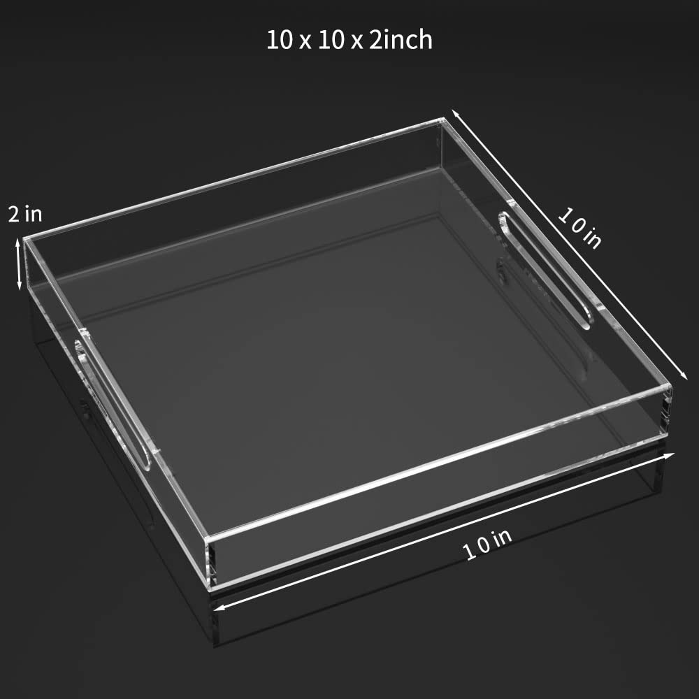 NIUBEE Acrylic Serving Tray 10x10 Inches -Spill Proof- Clear Decorative Tray Organiser for Ottoman Coffee Table Countertop with Handles