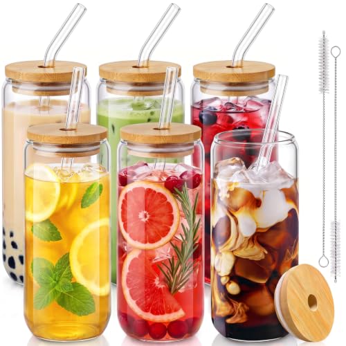 20 oz Glass Can Cups with Bamboo Lids and Glass Straws - 6 Piece Set