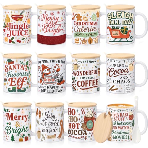 Modern 12-Piece Christmas Mug Set with Lids & Spoons - Employee Appreciation Gift