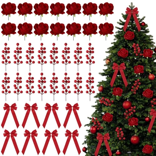 Hoteam Christmas Rose Ornaments Set with Berries & Bows - Holiday Decor