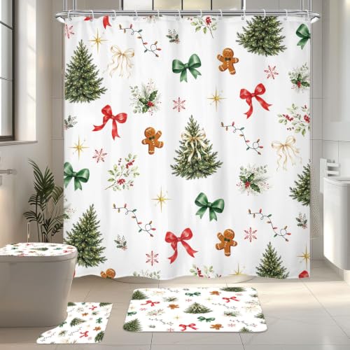 Lightinhome Christmas Tree Shower Curtain Set 4Pcs with Bath Mat, Rug, U-Shape Cushion 72x72in