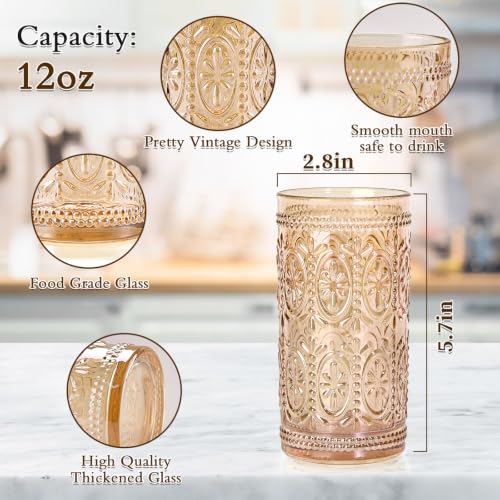 Amber 12oz Vintage Highball Glasses Set of 4 | Heavy-Duty Lead-Free Drinking Glassware
