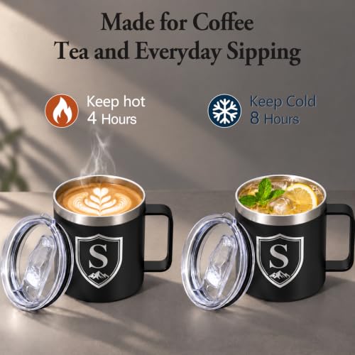 Black Personalized 14 Oz Insulated Coffee Mug with Letter S & Lid