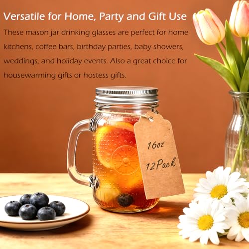 Encheng Silver Mason Jar Cups with Handle 16 oz, Vintage Glass Drinkware with Lids & Straws – Reusable Food Storage & Beverage Glasses, 12 Pack