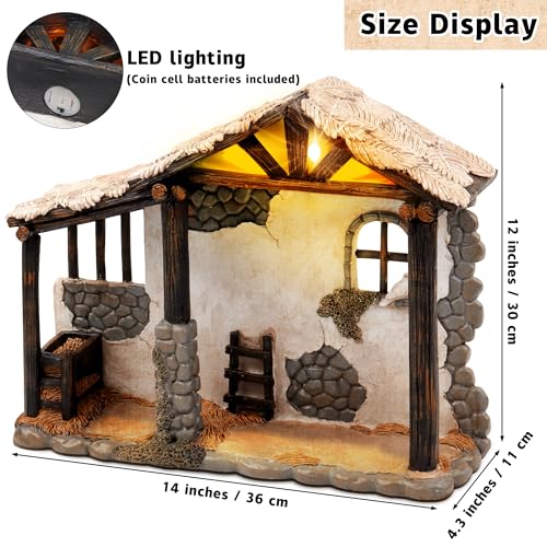 Fovths 12 Inch Lighted Nativity Stable Manger Resin Christmas Decor