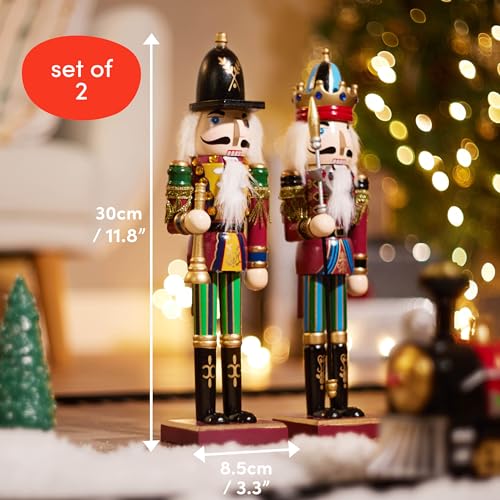 THE TWIDDLERS 2 Pack 12-Inch Wooden Nutcracker Christmas Decor with King & Guard Soldier (Red) - Festive Holiday Figures with Gift Box, Pikeman & Bugler Variants