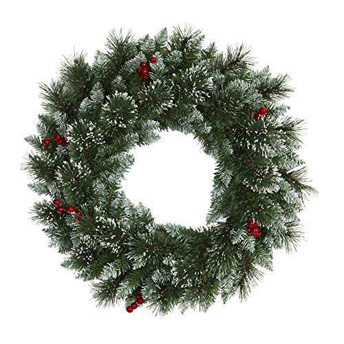 Nearly Natural 24in Pre-Lit Frosted Swiss Pine Christmas Wreath