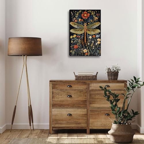 FENNIDICE 24x36 Vintage Botanical Dragonfly Wall Art Framed Navy