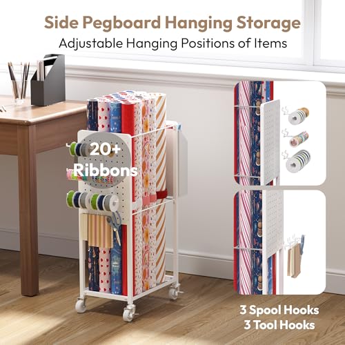 Rolling Wrapping Paper Storage Cart with Ribbon Holder and Slap Bands